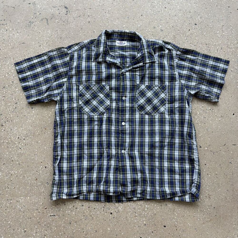 Vintage 60s Campus Navy/Green Plaid Cotton Loop Collar
